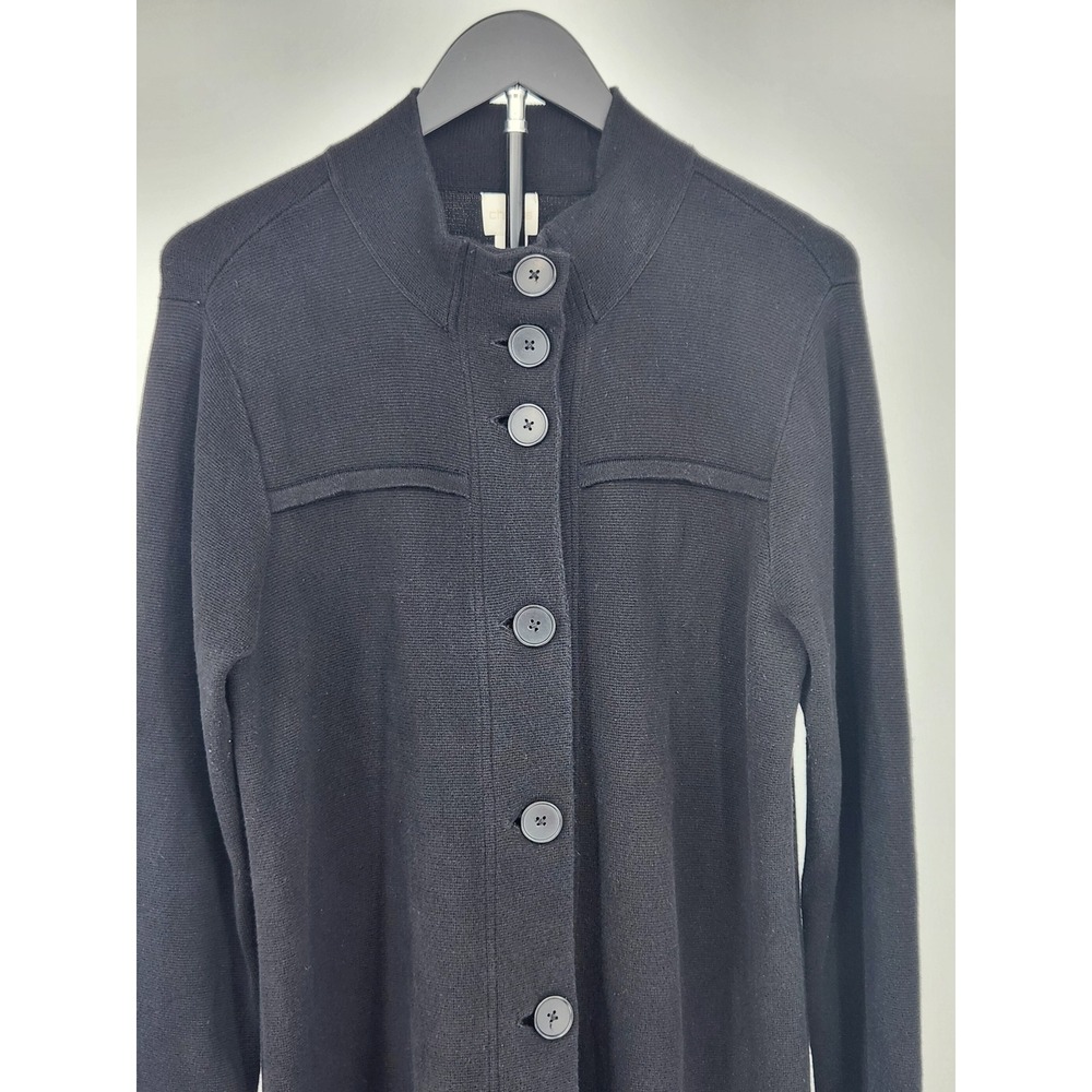 Chico's Black 100% Cotton Mock Neck Button Front Longline Cardigan Sweater Sz 1 - Picture 2 of 8